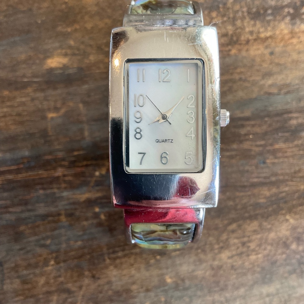 Silver Tone Cuff Watch Abalone Shell Inlay Bracelet Watch Boho Southwestern Styl
